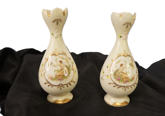 Vintage Vases Matching Pair Porcelain Numbered Lenwile Ardalt Cream Colored Woman and Cherub Gold Gilded
