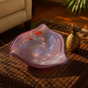 May include: A decorative glass bowl with a wavy rim, featuring shades of purple and pink with colorful accents. A small, gold-colored pineapple figurine sits nearby on a woven surface. The bowl has a label.