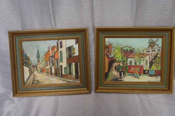 Pair Maurice Utrillo Framed Paris Prints – Montmartre & Église de Soissons – Vintage French Street Scenes Wall Art Decor