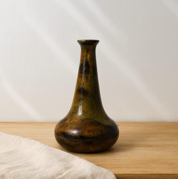 D Barnard Studio Pottery Vase 8.5 Inch Handmade Bottle Form Earth Tone Stoneware Glazed Signed Mid Century Modern