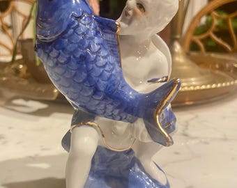 Vintage Chinese Porcelain Immortal Figurine With Blue Koi Fish Gold Detail Taoist Folk Art Decor Export 5” Tall