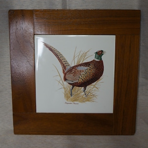 May include: Square wooden framed tile featuring a pheasant illustration. The pheasant has brown, red, and green plumage, standing in tall grass. The frame is a dark brown color.