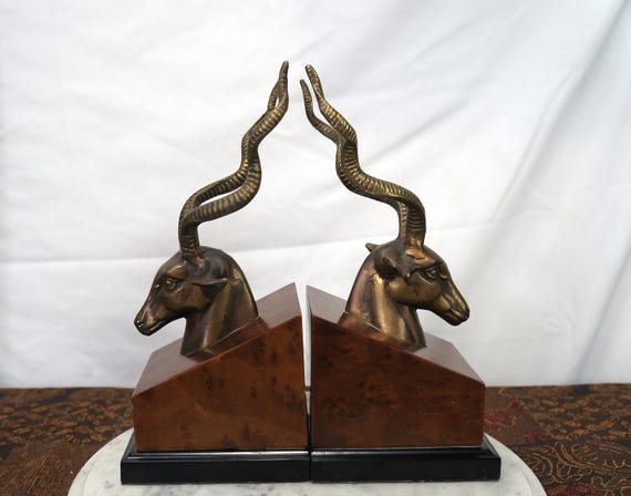 Mid century bronze kudu antelope head bookends 10.5 inches tall on burl wood bases safari lodge british colonial hollywood regency