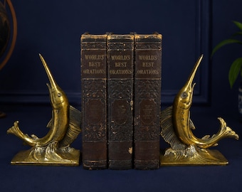 Marlin Bookends Bronze Pair Swordfish Coastal Nautical Decor Sculpture original vintage designer decor