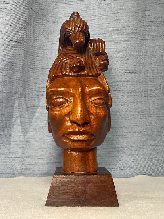 ヴィンテージ木彫り彫刻 マヤ戦士像 D・ペドラザ サイン入り アステカ