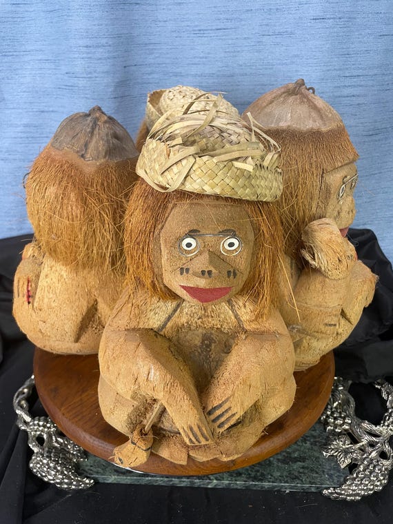 Vintage Monkeys Coconut Collection Set Of 4 Hand Carved Hand Made Piggy Banks Home Decor Late Mid Century