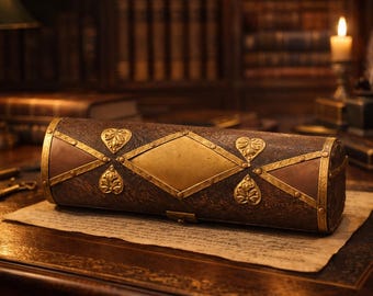 Ottoman antique leather brass box 19th century hand tooled artisan made collectors decorative case