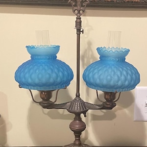 Vintage Fenton Student Lamp With Original Double Cobalt Quilted Shades