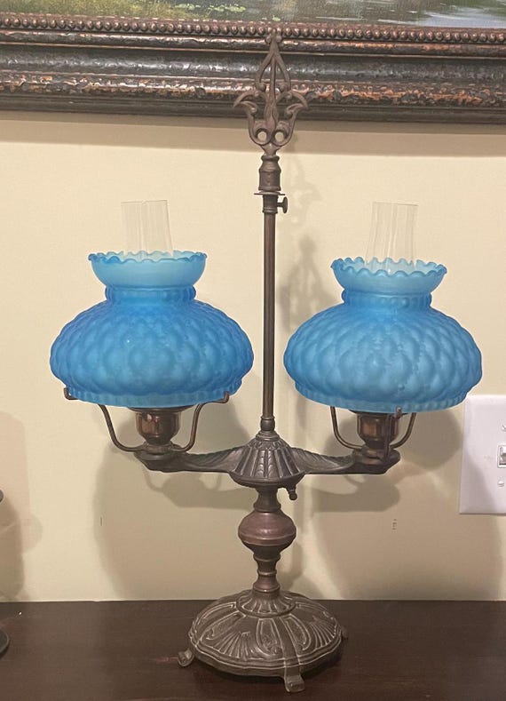Student Lamp, Vintage, Double Lamp, Fenton, Cobalt shades