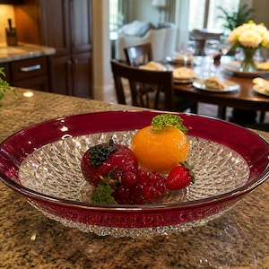 Centerpiece bowl Indiana Glass Diamond Point salad bowl ruby red rim 13 inch vintage cut glass serveware luxury table decor