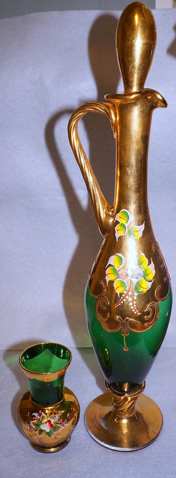 Venetian Italian Hand Blown Decanter and Vase Gilded Floral Tall Twisted Handle