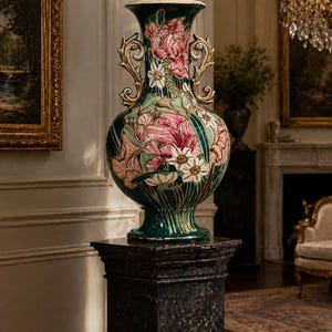 May include: A large, ornate ceramic vase with a dark green base and rim, adorned with pink and white floral designs. The vase features gold-colored handles and is displayed on a black marble pedestal. The background includes a painting and a chandelier.