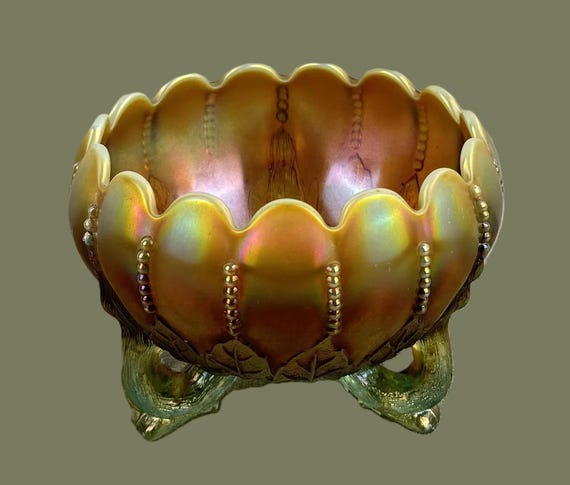 Vintage Northwood Opalescent Rose Bowl Aqua and Gold Leaf Bead Pattern