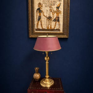 French Empire Bouillotte Style Brass Table Lamp With Original Burgundy Tole Shade 24 Inch Luxury Library Decor