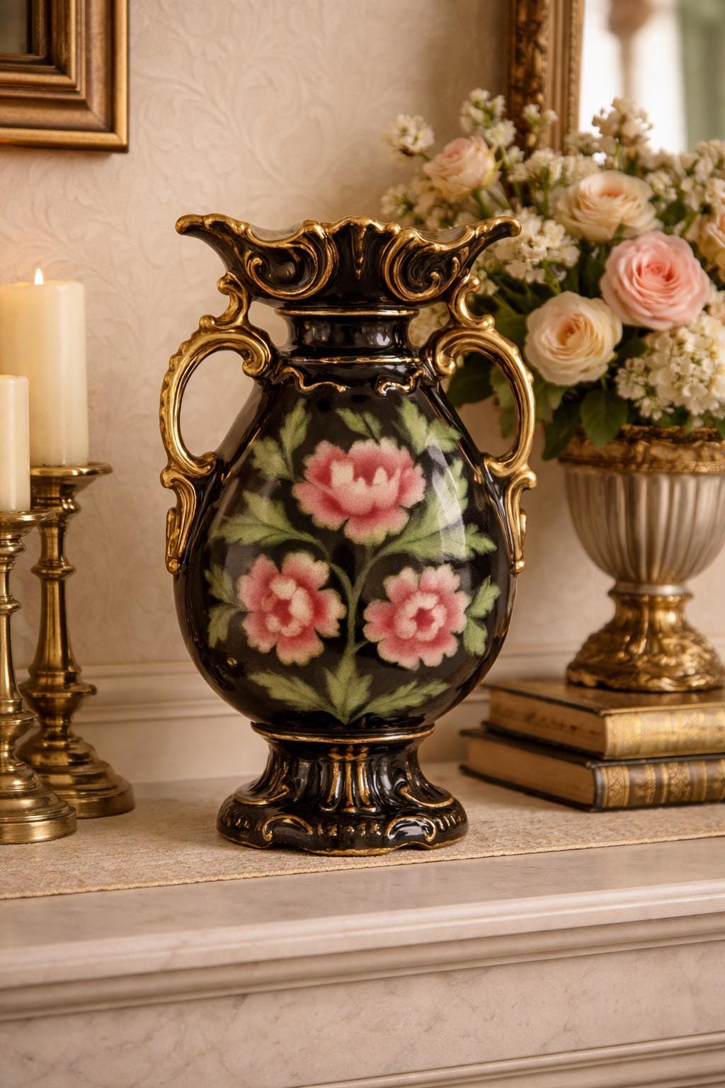 Antique Continental Porcelain, Black Vase, Pink Floral Roses, Gilt Handles, European Mantel Decor
