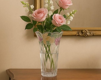 Vintage Mikasa Crystal Vase, Garden Harvest Pastel Floral Embossed