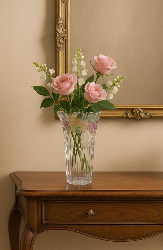 Mikasa crystal vase garden harvest fruit floral embossed rim scalloped edge clear cut vertical paneled body vintage 9.75 Inches