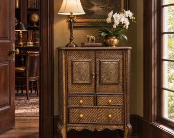 Console Table Accent Maitland Smith Attribution Woven Rattan Brass Inlay Panels British Colonial Designer Cabinet
