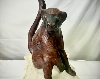 Vintage Leather Wrapped Monkey Sculpture Glass Eyes Seated 10” Tall MCM