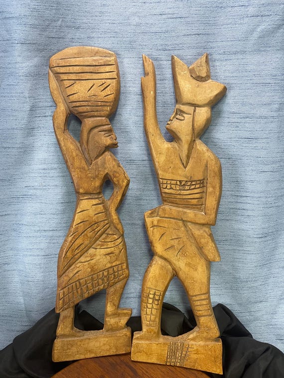 Vintage Hand Carved Wooden Figures African Wall Hanging Man Woman Drum Basket