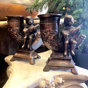 Antique Pair of Bronze Vases Colonial Musician Children Sitting on Oriental Motif Style Trumpet Vases Cranes Elephants Coy Fish