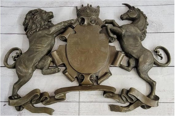 Bronze Crest, Rampant, Lion, Unicorn, Shield, Sculpture, Wall Art, Family Crest, Gothic, Medieval