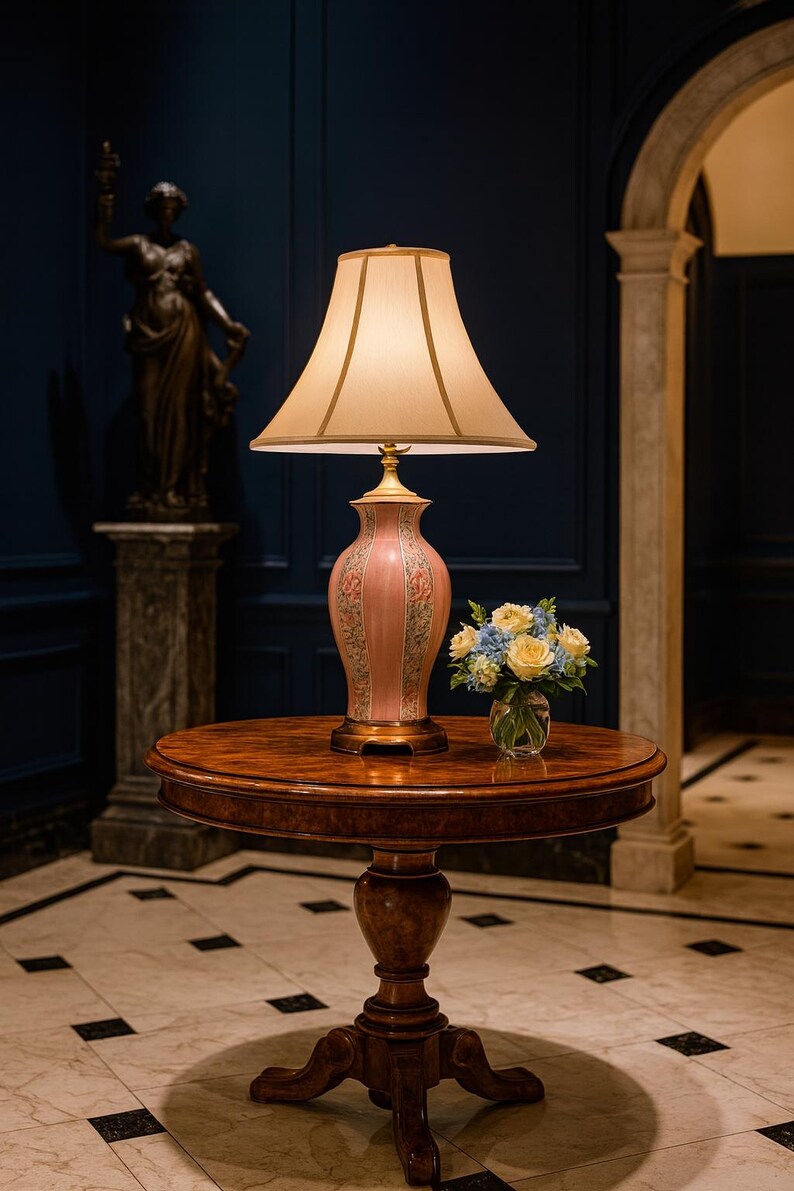 May include: A decorative table lamp with a beige lampshade and a pink base adorned with floral patterns. The lamp sits on a round, wooden table, accompanied by a small vase of flowers. The room has a dark blue wall and a statue in the background.