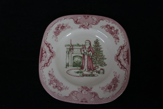 Johnson Brothers Old Britain Castles Pink Green Square Santa Christmas Plate 7.5"