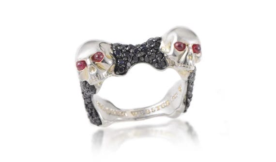 Stephen Webster SKULL and BONES Men's Sterling Silver Ruby and Black Sapphire Ring Biker