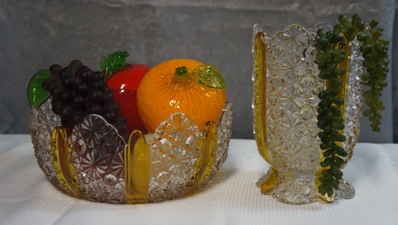 Antique Early American Cut Glass Ellrose Duncan and Sons Amberetta Paneled Daisy and Button Bowl & Vase 2 PC Set
