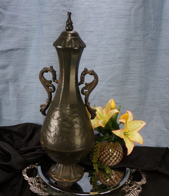 Vintage Pitcher Vessel Distressed Bronze With Intricate Designs & Ornate Handles