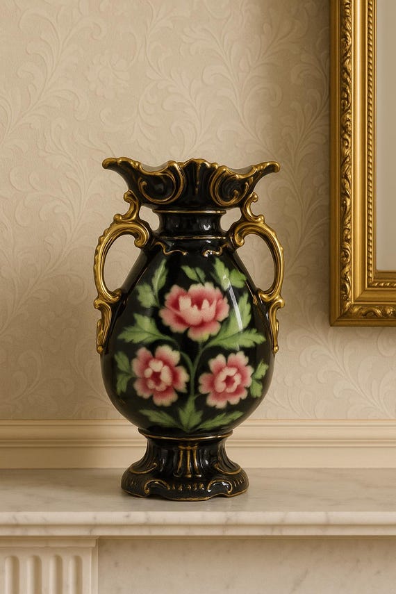 Antique Black Porcelain Vase Hand Painted with Pink Floral Motif and Gold Handles 12 Inch Mantel Decor Spill Vase