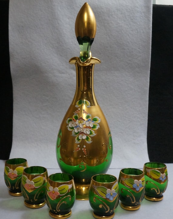 Venetian Glass Cordial Decanter and Six Cordial Glasses Green 24K Gold Gilded Set