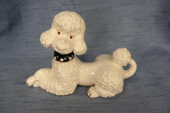 Vintage Ceramic Poodle Figurine White Glazed Porcelain Dog Statue with Painted Rhinestone Collar 1950s Mid Century Collectible Atlantic Mold