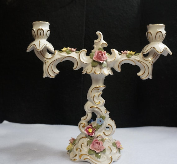 Dresden Porcelain Vintage Antique Twin Candlestick Gilded Floral Victorian