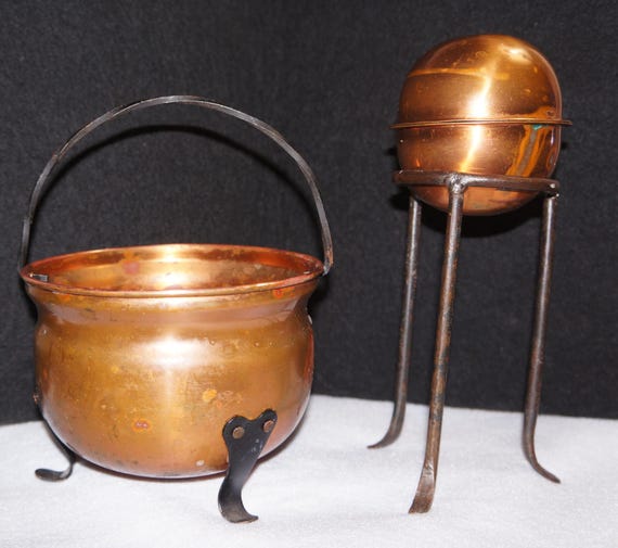 Vintage Small Copper Cauldron, Antique Solid With Twisted Iron Handle on 3 Legs and Snuffer RARE