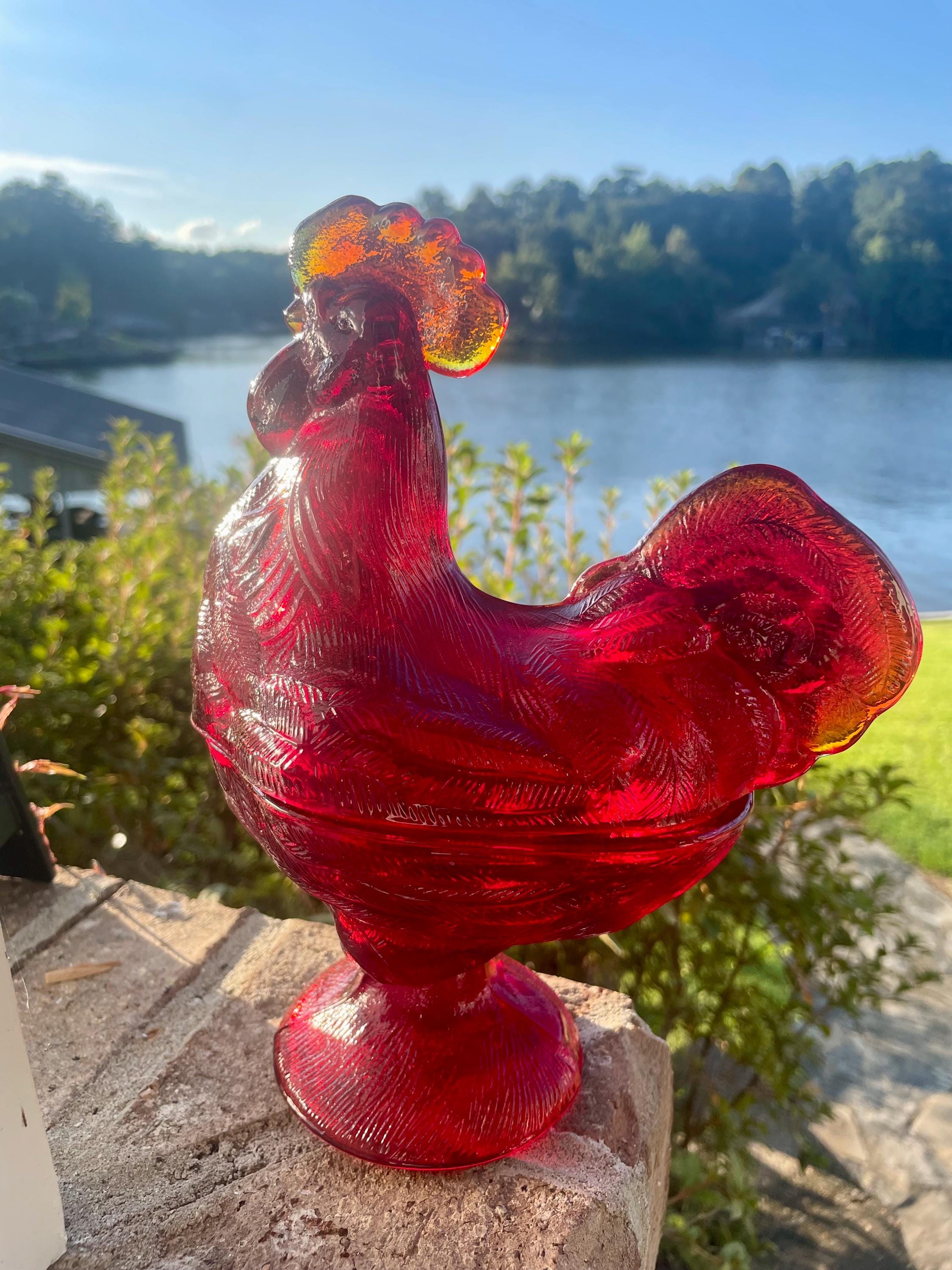 Vintage Chicken Ruby Red Glass Amberina Rooster Pedestal Candy