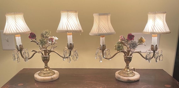 Vintage Table Lamps French Boudoir Tole W Crystal Prisms Hollywood Regency 1920's