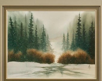 Original Watercolor Framed Landscape Winter Forest Painting by Myler Organic Modern Fine Art