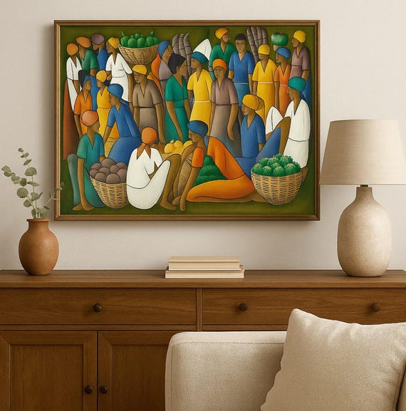 Andre Chérivil Original Haitian Market Scene Painting on Board 20x24 Signed Mid Century Haitian Art Collectible