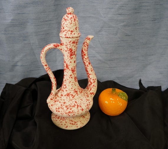 Vintage Teapot Splatter Ware Turkish Style Red Speckled Textured Long Neck Teapot 12" Tall