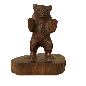Antique Carved Wood Bear Figurine Black Forest Standing Bear On Tree Base Rustic Cabin Decor Sculpture Early 20th Century