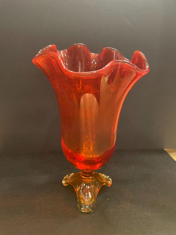 Viking Glass Vase Persimmon Amberina Glows Red Orange Draped Curtain Footed  Circa 1970