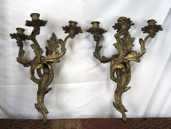 Antique Authentic Louis XV French Gilt Ormolu Bronze Acanthus Leaf Wall Sconces Pair Three Light Candle Holders 16 Inch