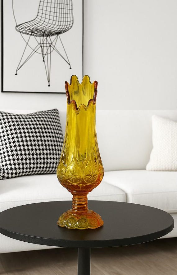 Vintage LE Smith Amberina Moon and Star Ruffled Pulled Vase 11.25 Inch Mid Century Pressed Glass Uranium Glow at Base