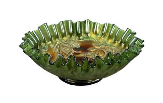Vintage Fenton Carnival Glass Iridescent Green Bowl Ruffled Hearts and Vines Pattern