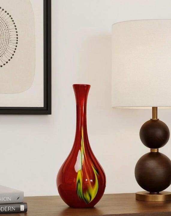Murano Style Red Art Glass Vase Hand Blown Ruby Red with Yellow Green Swirl Mid Century Modern Interior Design Accent Collectible Glass