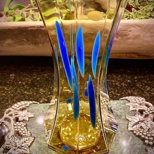 Murano Italian Vase Hand Blown Art Glass Amber and Blue Tall Large Vintage
