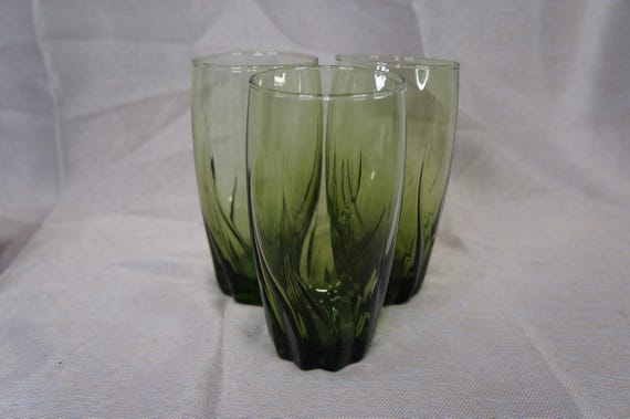 Vintage Anchor Hocking Central Park Green Beverage Glasses Tumbler Set of 3