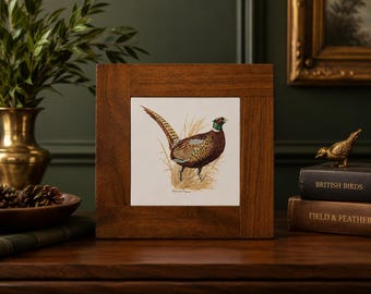 Framed Porcelain Pheasant Wood Tile by A. Singer – Rustic Wildlife Bird Wall Hanging, Vintage Hunting Cabin Decor Wall Art or Kitchen Trivet